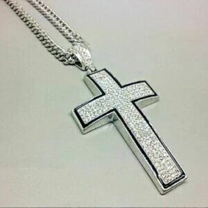 Men's Micro Pave AAA CZ Silver Cross Pendant 30" Long Cuban Chain Necklace